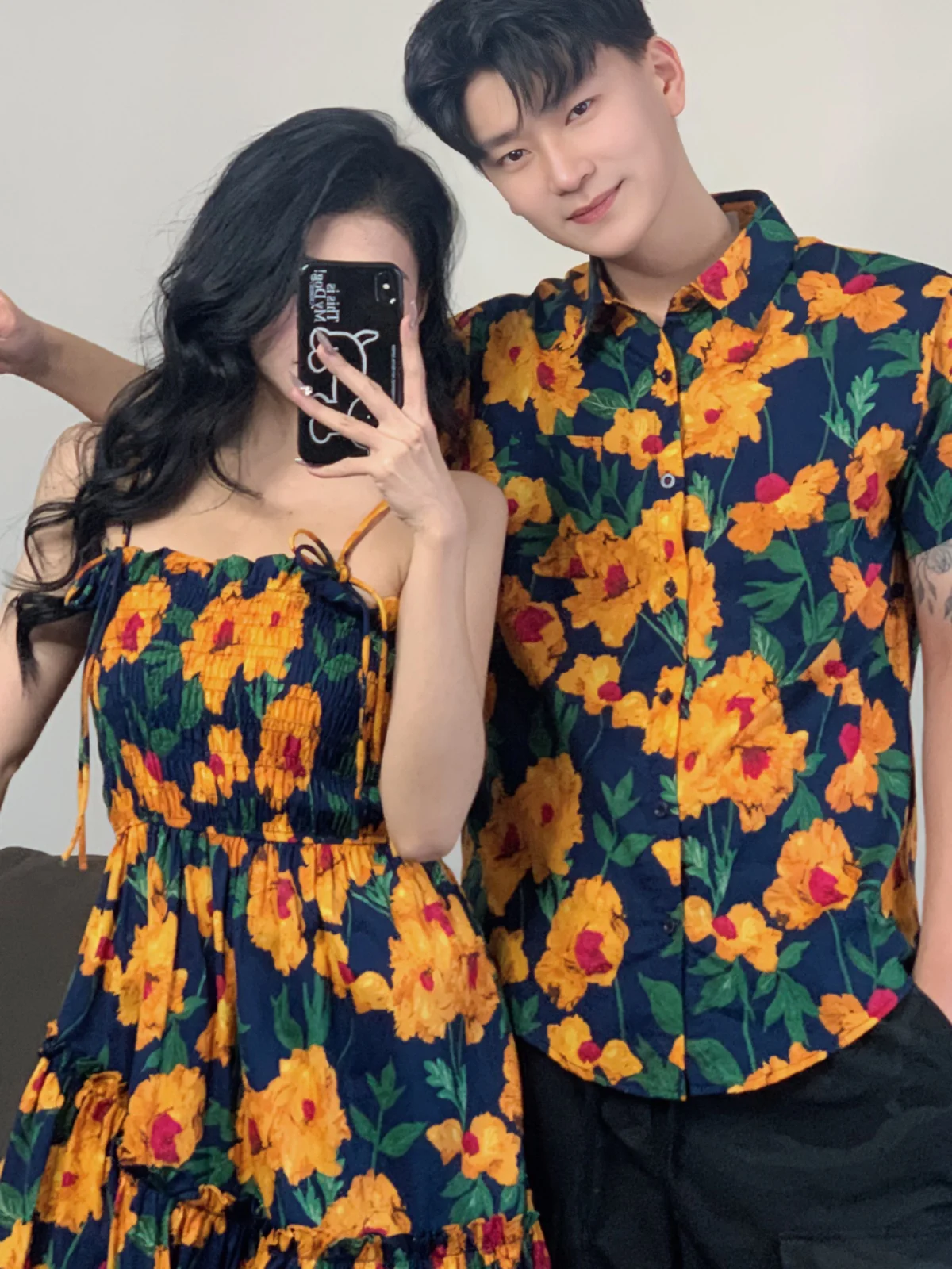 Hainan Sanya Tourism Vacation Beach Couple look Irregular Waist Hugging Sling Mid-Length Dress Lapel Shirts