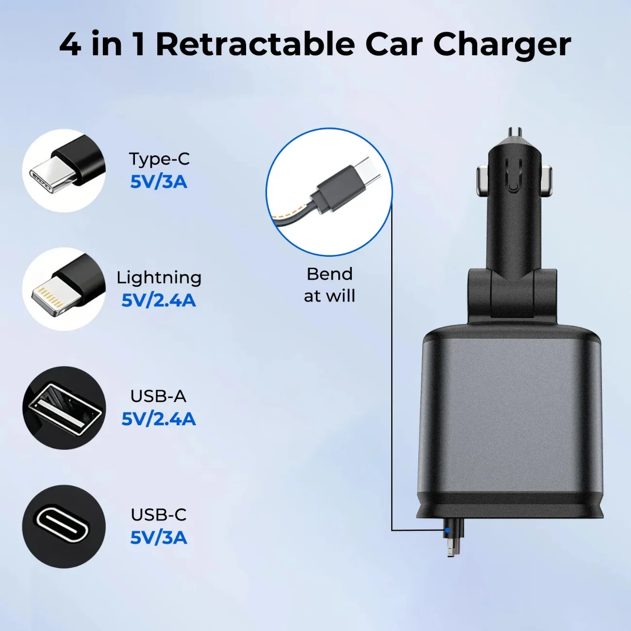 4-in-1 Universal Car Phone Charger with Cables USB/Type-C/For IOS Port Retractable For Tesla For Honda For BMV For VW Interior