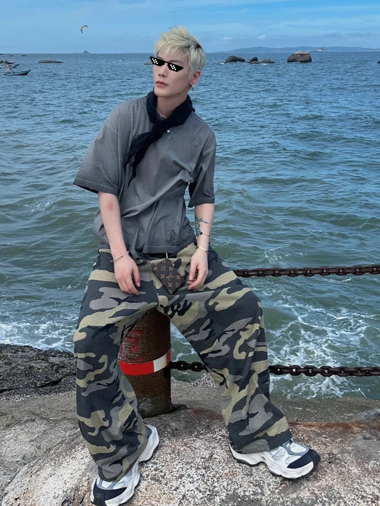 

Casual Camouflage Oversize Jeans Men's American Retro Straight Leg Loose Wide Leg Pants Youth Trendy Cotton Polyester Blend