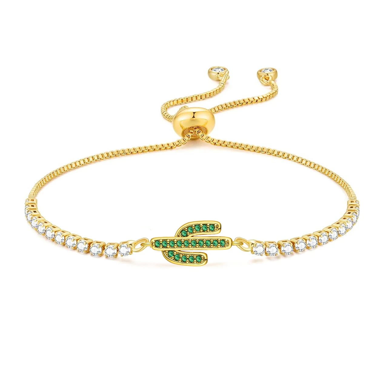 Green Cubic Zirconia Crystal Lovely Cactus Charm Bracelet Women Gold-plated Brass Box Chain Rope Adjustable Chic Jewelry Present