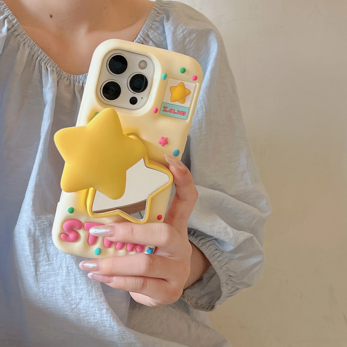 

Invisible Star Mirror Telescopic Bracket 3D Cute Cartoon Soft Silicone Phone Case Stand Cover, iPhone 12/13/14/15/16/17 Pro Max