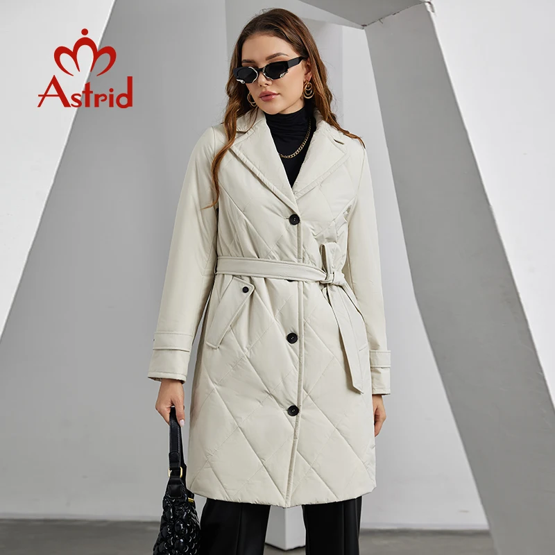 Astrid mantel Parka wanita, mantel Parka musim gugur musim dingin, sabuk kerah, jaket panjang berlapis tunggal, mantel empuk katun wanita tahan angin