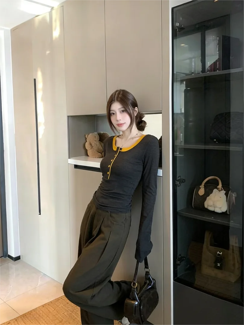 NUOMICI K-Fashion رمادي الملابس النسائية زر أسفل تريكو طويلة الأكمام تي شيرت الخريف الشتاء لطيف قاعدة طبقة سليم صالح الإناث #5