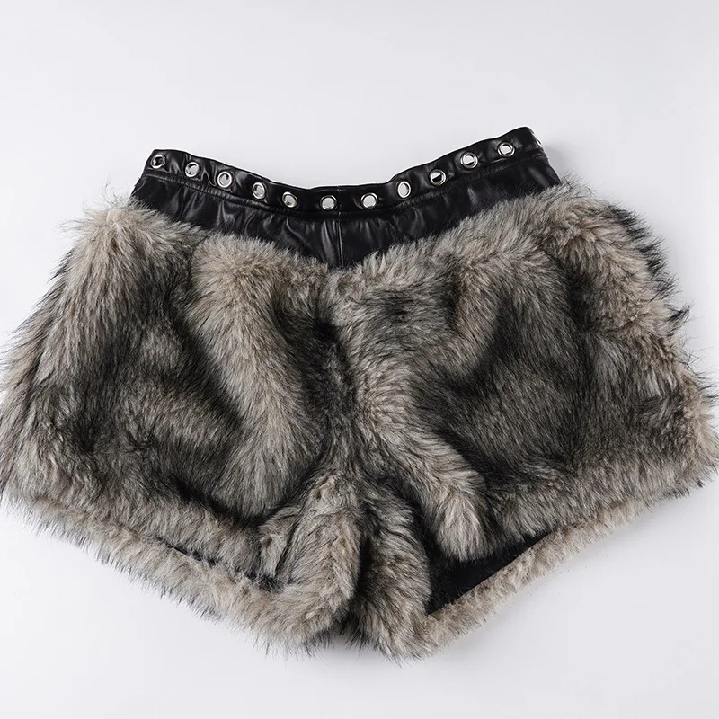 Winter New Women's Sexy Feathers Plush Splicing Warm Spice Girl Corns Low Waist Shorts
