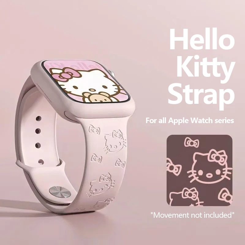 Hello Kitty Stitch Silicone Strap For Apple Watch Band 38-45mm Saniro  3D laser engraving iWatch series se 7 5 6 8 9 Ultra 2