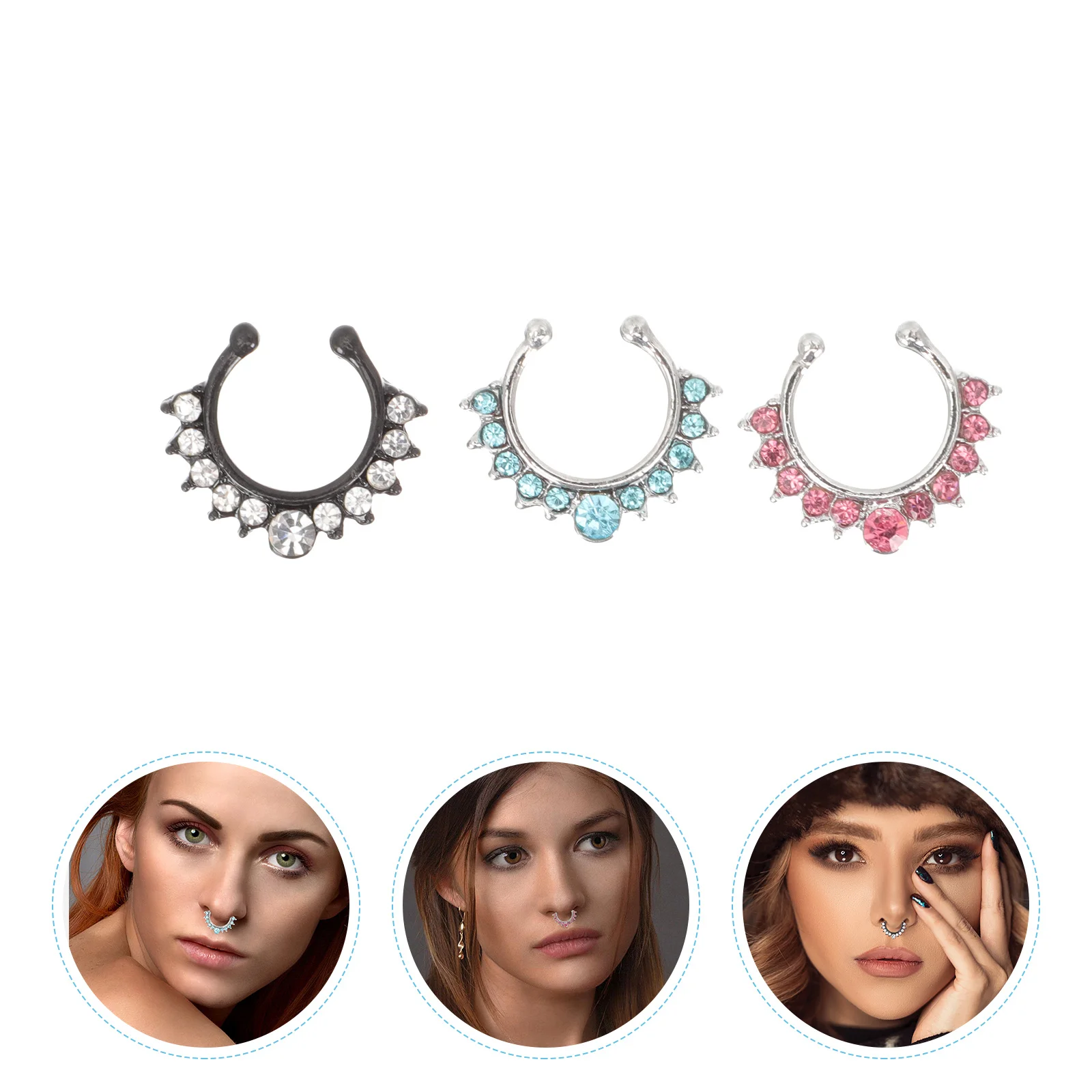 3 шт. кольца в носу для женщин, накладной пирсинг, легкий сплав, циркон, украшенные безопасными вечеринками, ювелирные аксессуары, аксессуары для тела