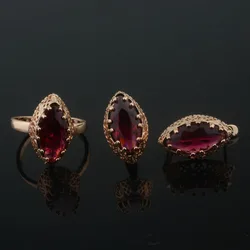 1 Set 12mm Wide Women 585 Rose Gold Color Oval Red Cubic Zircon Rings+Earrings Set Jewelry