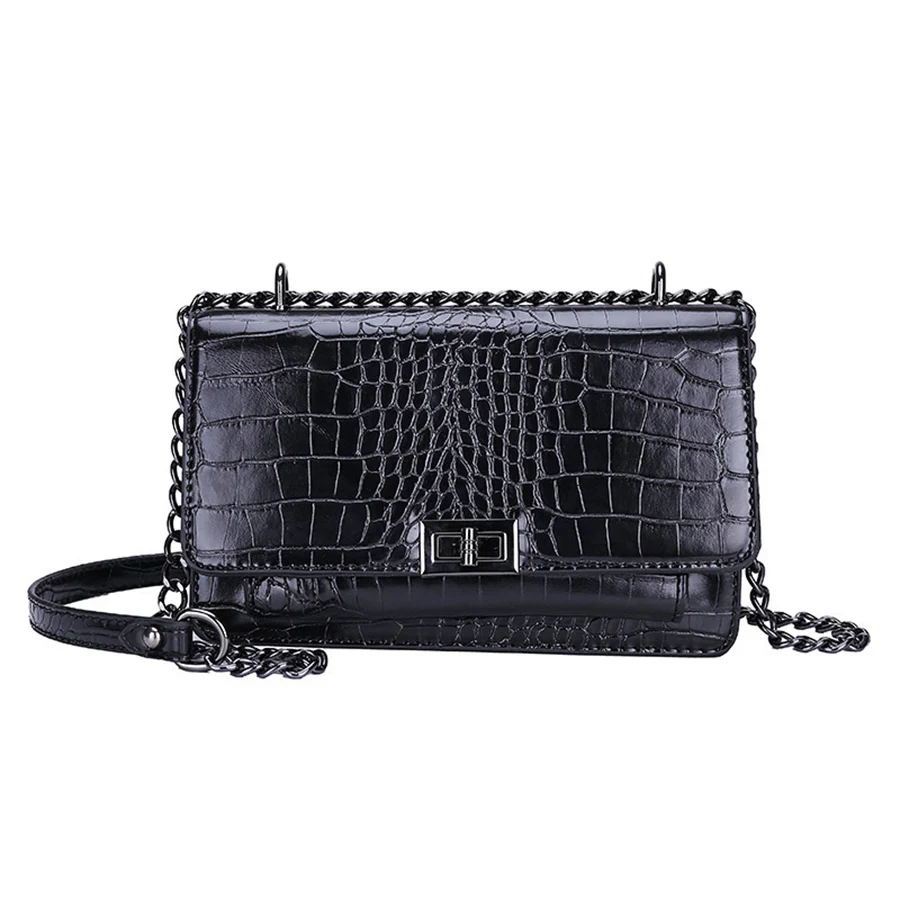 Black Alligator Chain Small Shoulder Bag For Women Flap PU Leather Fashion Small Square Crossbody Bag Multi-layer Design Handbag