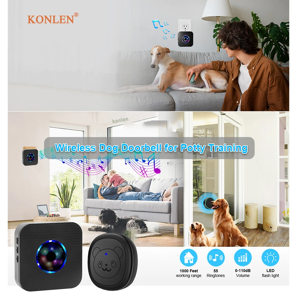 Smart Dog Doorbell Wireless for Potty Training Doggie Food Chime Door Bell Touch Button for Pet Puppy Ring to Go Outside KONLEN