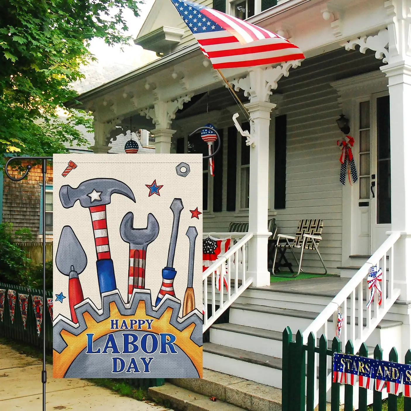 Louise Maelys Happy Labor Day Garden Flag 12x18 Double Sided Vertical, Burlap Small Farmhouse Tool Garden Yard House Banner  IIC