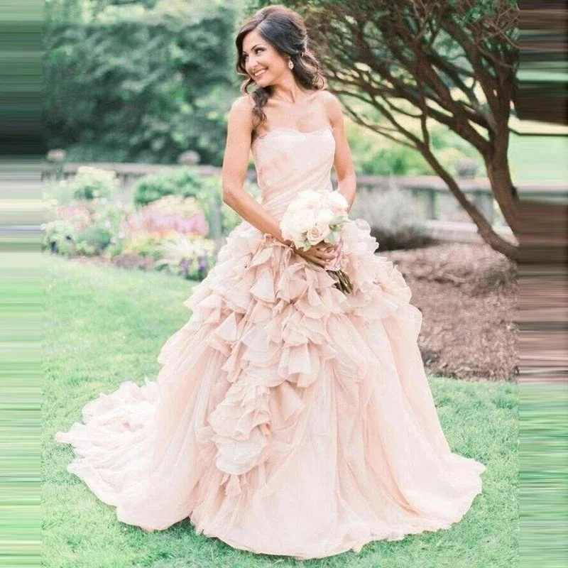 

Customize 2026 Pink Ball Gown Wedding Dresses For Bridal Strapless Puffy Ruffle Skirt Tulle Long Wedding Gowns Vestido De Noiva