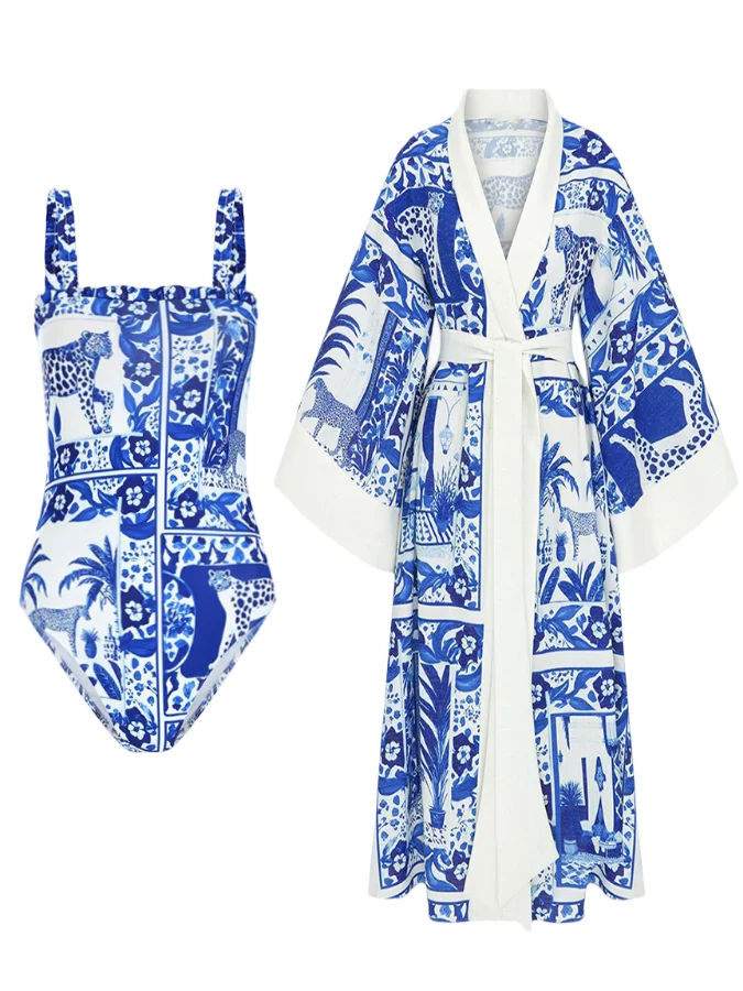 Floral Print One Piece Luxury Swimwear For Female Beach Exit Swimsuit Thin Straps Blue Bathing Suit Sexy / New Kimono 2023