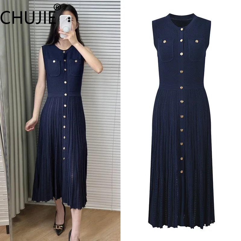 

Hollow Knit Dress - Slim Fit Long Single-Breasted - Elegant Lightweight Style - Viscose Blend - Spring Summer