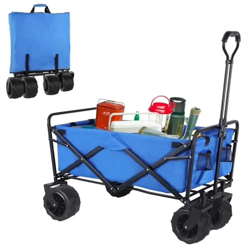 Heavy Duty Collapsible Wagon 330lbs Capacity Beach Cart All-Terrain Wheels 7'' Drink Cup Holders Retractable Handle Steel Frame