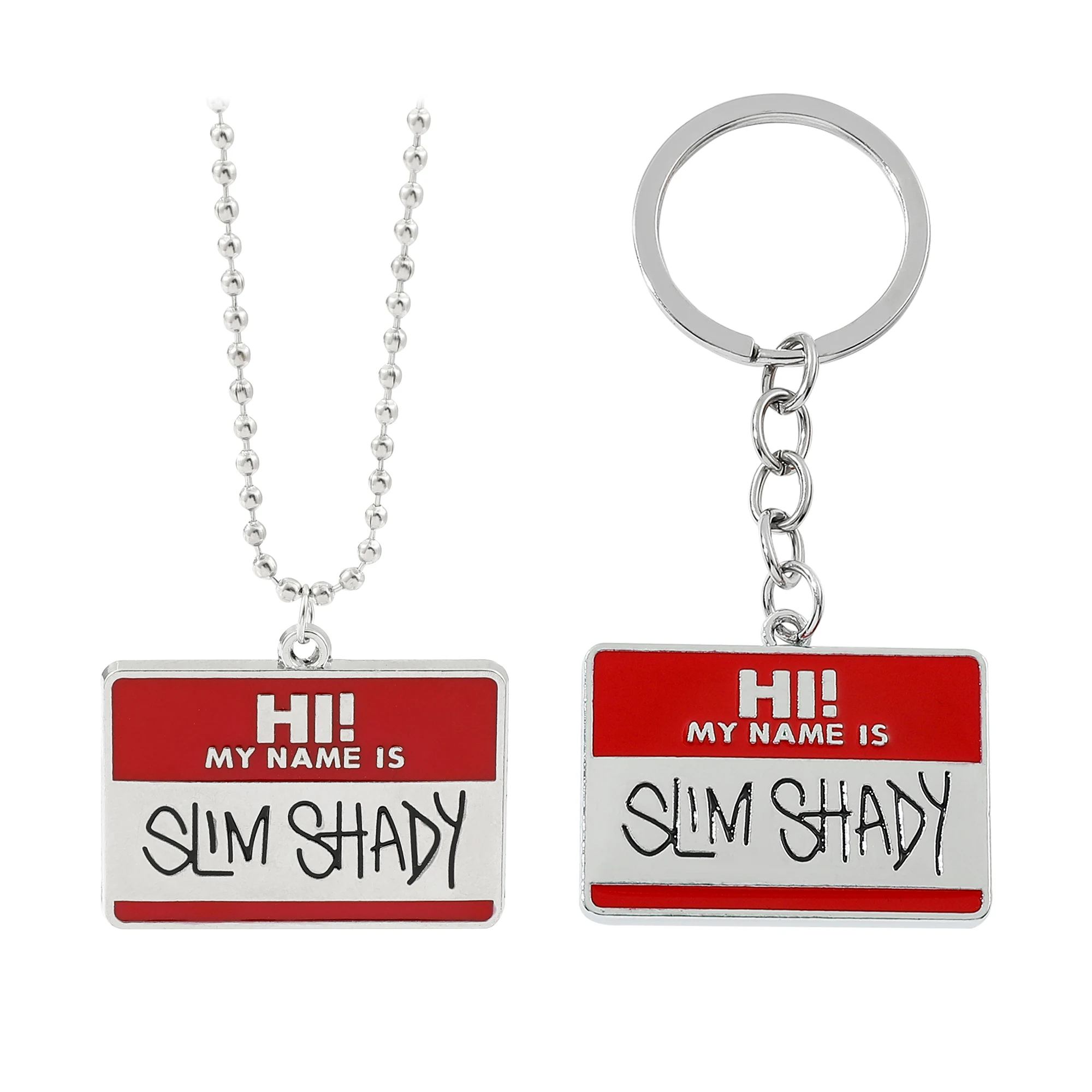 Slim-Shady Hippie Choker Necklace for Men Square Pendant Alloy Bead Chain Rapper Jewelry with Keychain Hip Hop Style
