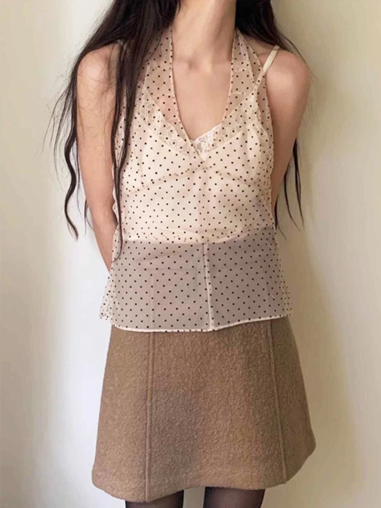 한국어 Ins 같은 레이스 웨이브 포인트 캐미솔 드레스 여성 메쉬 민소매 중간 길이 커버 드레스 여름 새로운 Y2K 소녀 매운 소녀