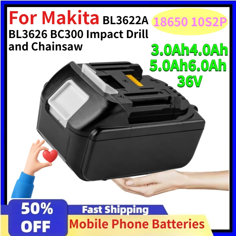 3.0Ah-6.0Ah 36V 18650 10S2P Rechargeable Li-ion Batteries for Makita BL3622A BL3626 BC300 Impact Drill and Chainsaw Battery