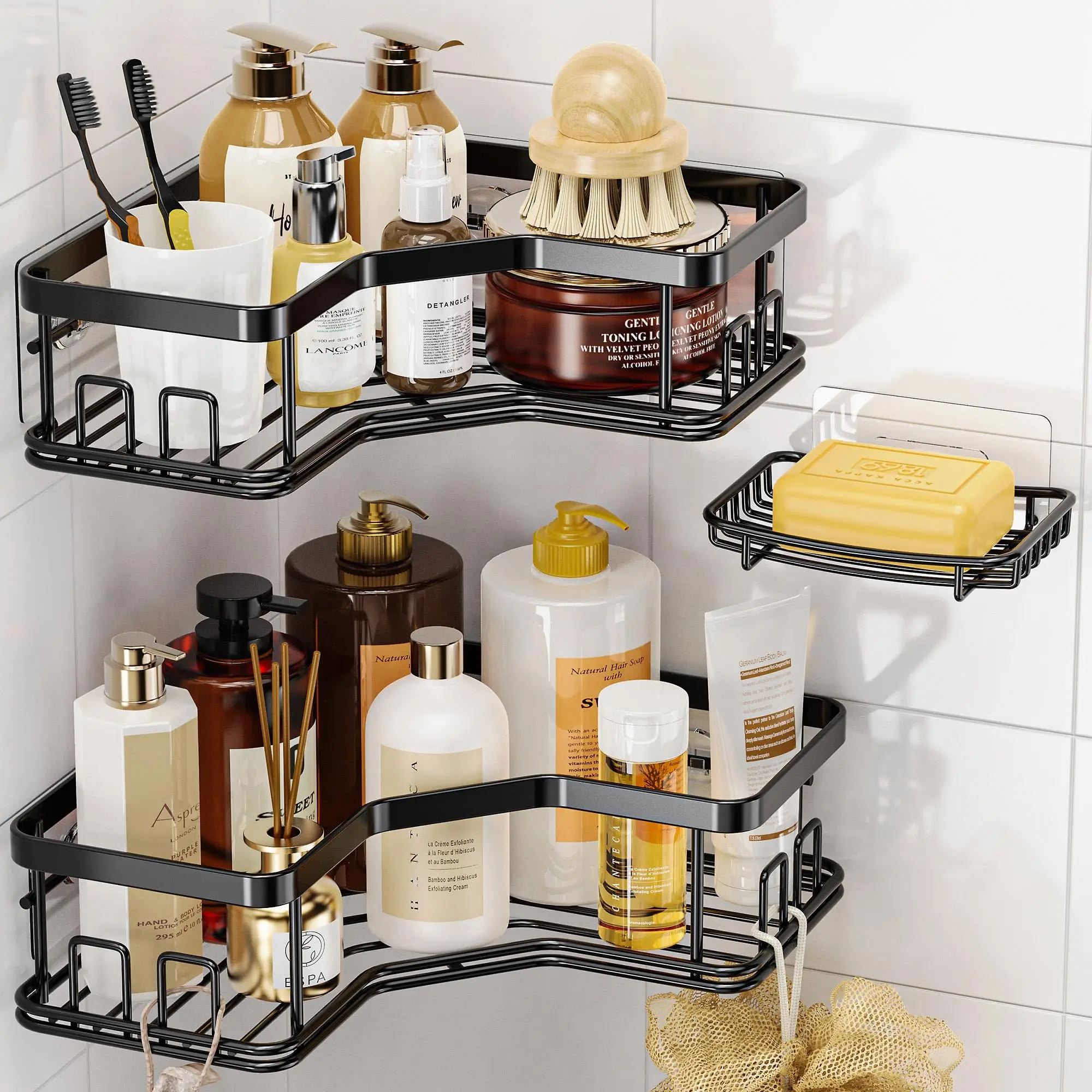 Corner Shower Caddy 3 Pack with Soap Holder Large Capacity No Drilling Stainless Steel 40 LBS Load Shower Storage Rack for Bathroom Black