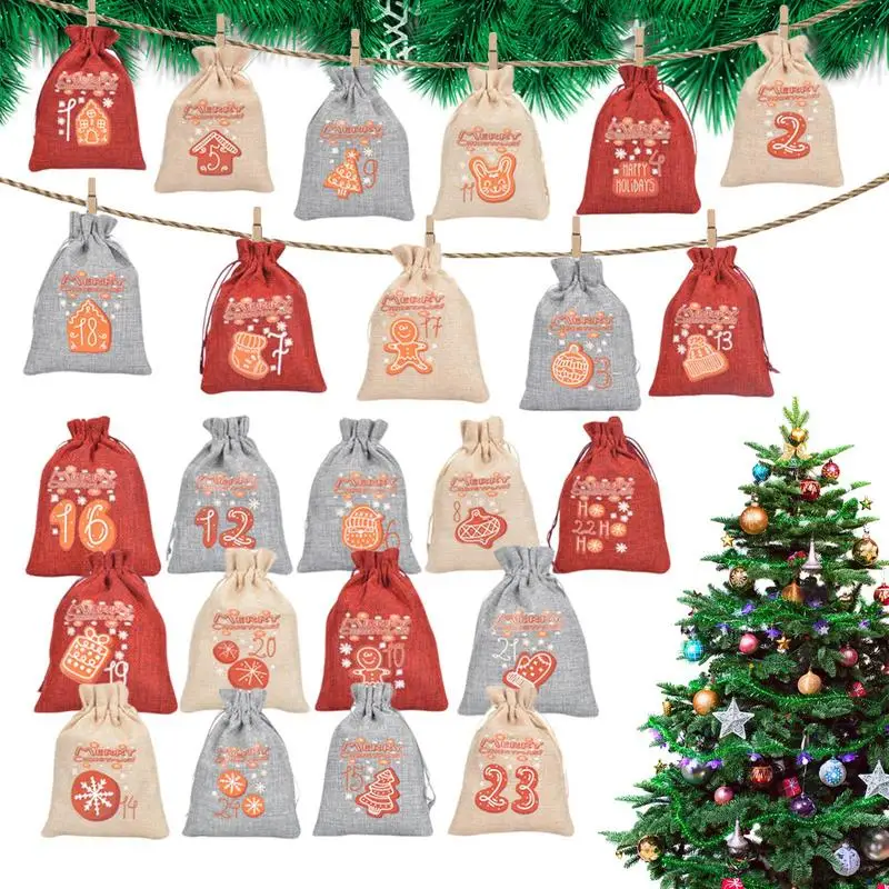 Advent Calendar Bags 24 Days Burlap Hangable Countdown Calendar Bags Countdown Christmas Decorations 24X Drawstring Pouches for