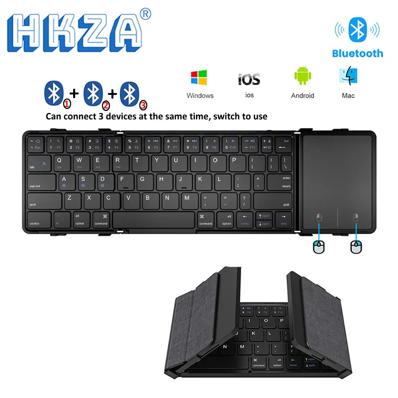 Foldable Bluetooth Keyboard Rechargable Portable Mini Leather Keyboard with Touchpad Mouse for Android PC Tablet 3-Devices Sync