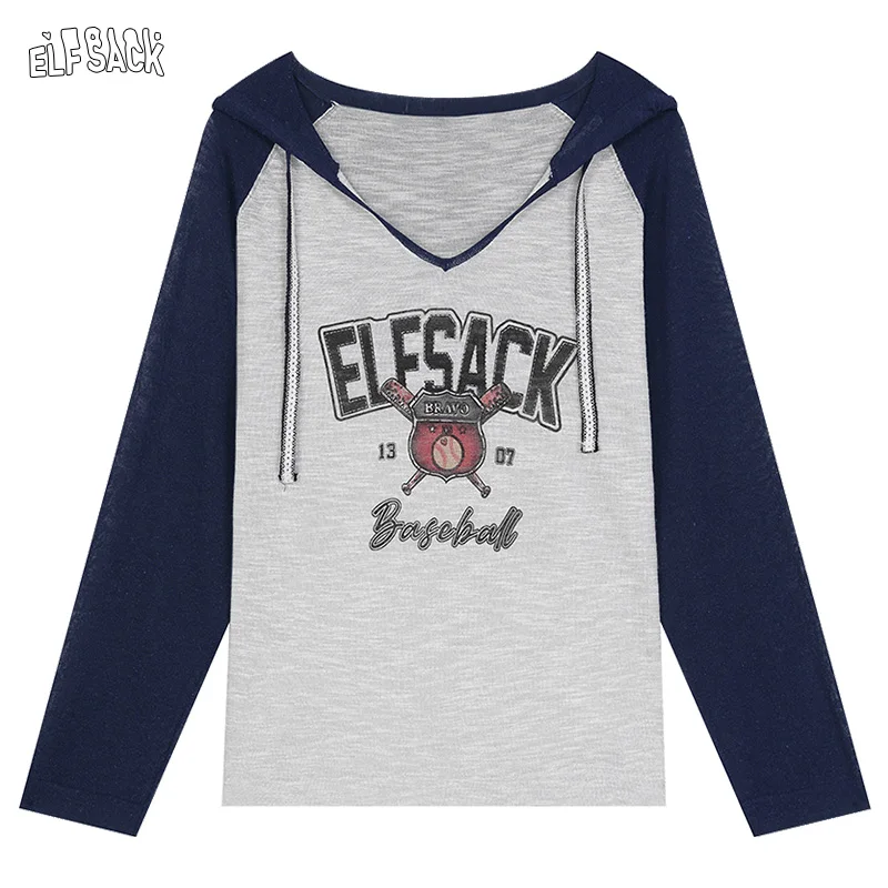 ELFSACK 2024 Summer New Arrivals V-neck contrasting printed hooded knitted sweater for women, loose and thin top