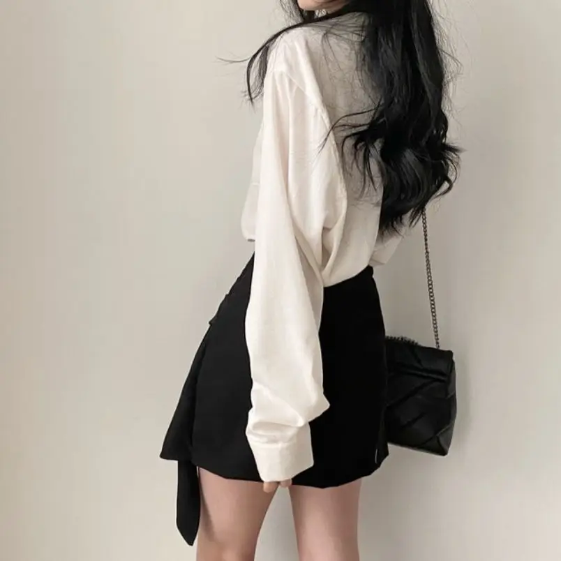 Women Sets Long Sleeve Solid Shirts Irregular Mini Skirts Females Two Piece  OL Slim Sexy Korean Style Chic Stylish Slender