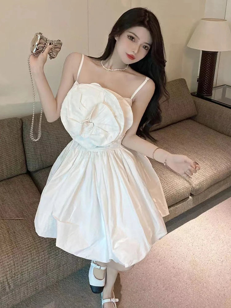 VGH Sexy Plain Dress For Women Square Collar Sleeveless Patchwork Floral High Waist Folds Mini Dresses Female 2025 Summer Style