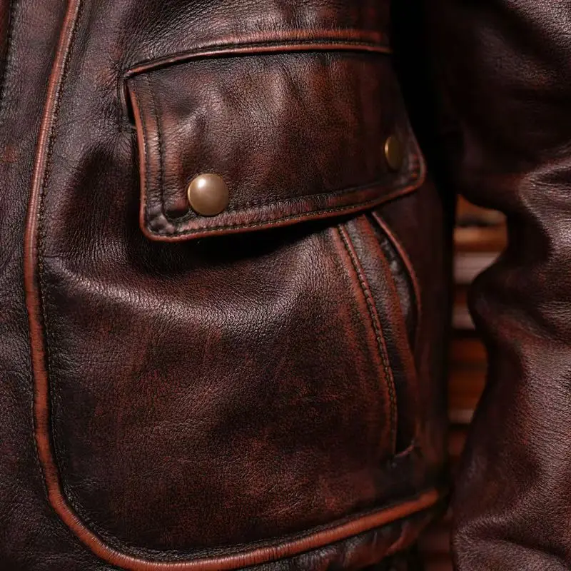 Men\'s Leather Jacket Red Retro Loose Motorcycle Cowhide Jacket Casual Lapel Factory Direct Sales Quality, Windproof,Thick,Trendy