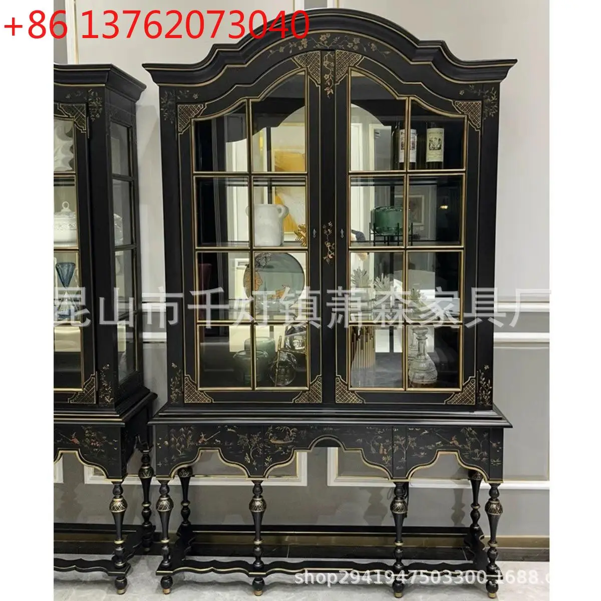 American rural solid wood wine cabinet European hand-painted glass door side cabinet