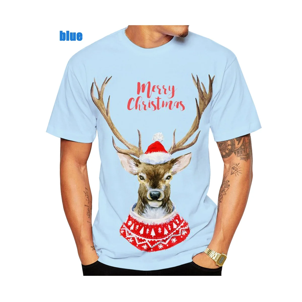 Fashion Men's and Women's 3D Christmas Elk Printed T-shirt Funny Tops Novelty Christmas Short Sleeve Size