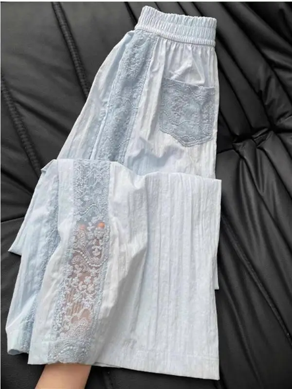 

Summer New Women's Loose Wide Leg Pants Side Lace Splicing Floor-Length Cold Sensation Pocket Hollow out Casual Trousers