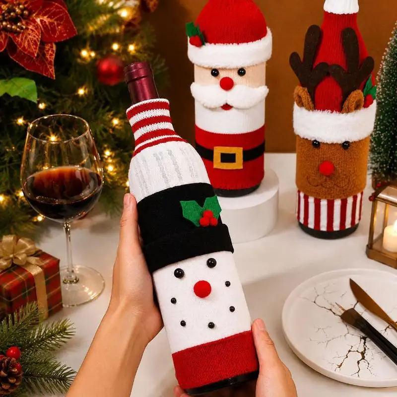 New Christmas Wine Bottle Cover Santa Snowman Woven Wine Bottle Bags Christmas Party Dinner Table Decorations New Year Gifts