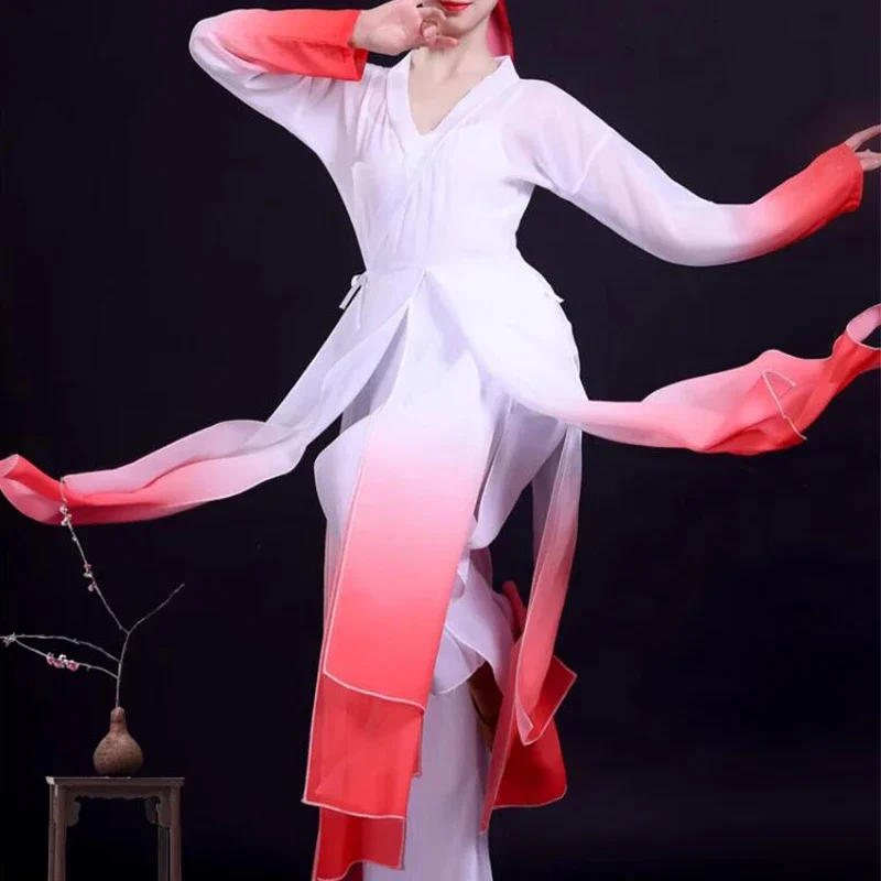 Chinesisches klassisches Tanzkleid, fließender Farbverlauf, chinesischer Volkstanz, Kostüm, 1 Set für Frauen, Praxis, Bühnenaufführung, Hanfu