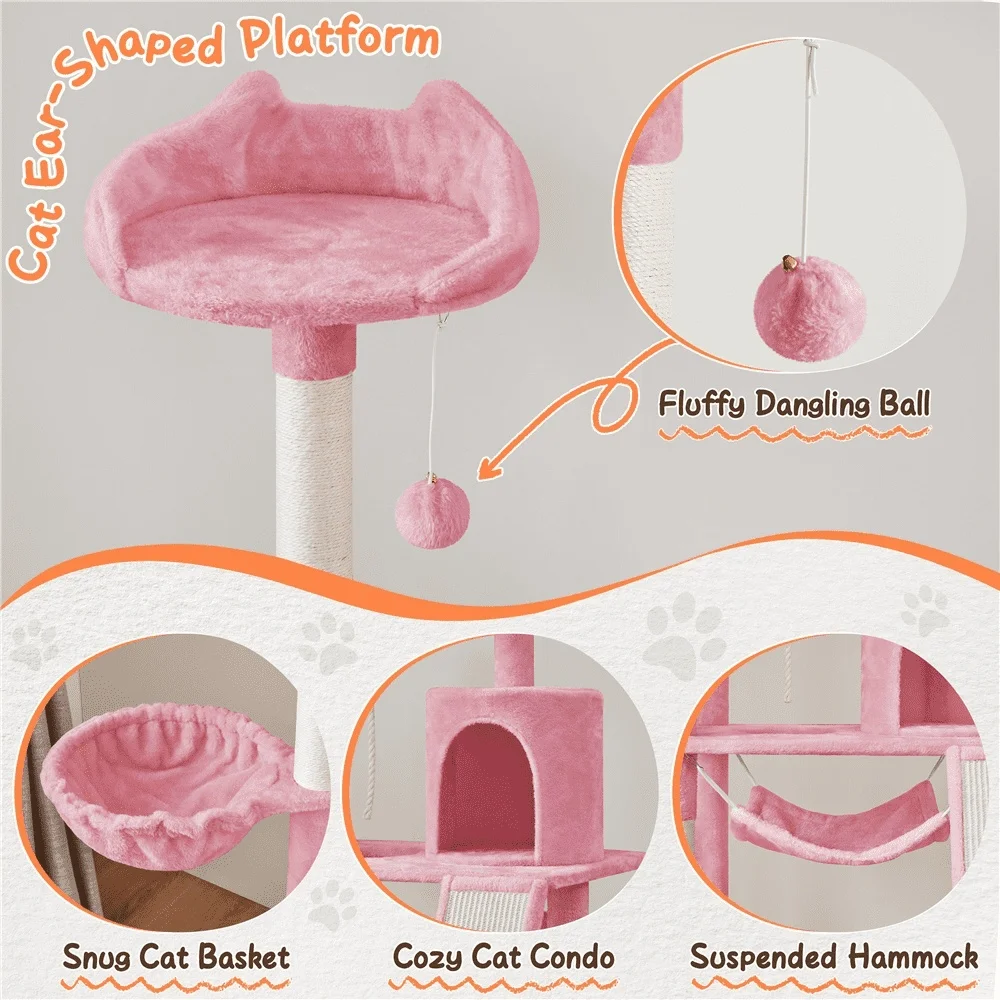 Condo per albero per gatti multilivello con cesto per amaca Tiragraffi per gatti di piccola taglia media da 63,5 pollici in legno di sisal peluche