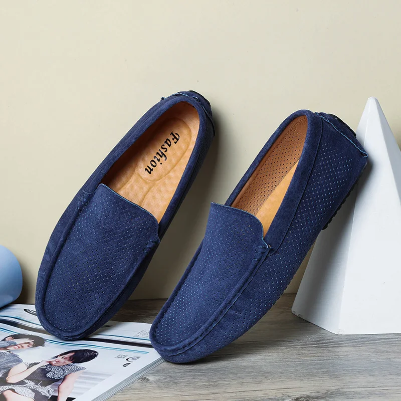 Blue Genuine Leather Men Loafers Shoes Casual Slip On Designer Breathable Moccasins Italian Men Driving Shoes Loafers Mannen