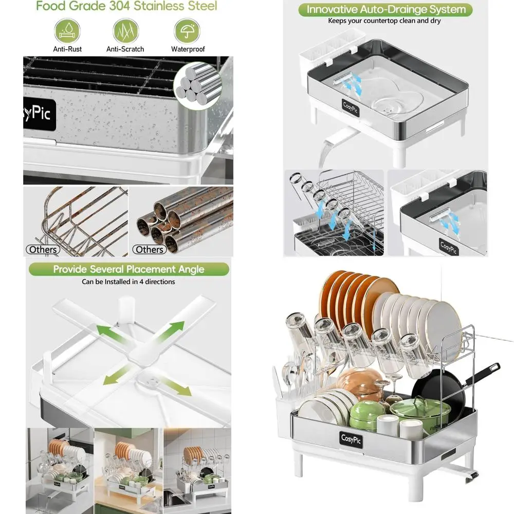 

Premium 304 Stainless Steel 2-Tier Dish Drying Rack with Automatic Drainage, Utensil and Cup Holders, White