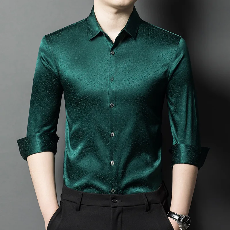 Men Spring Long-sleeved Mulberry Silk Shirt Silk Shirt Casual Business Silk Men Top
