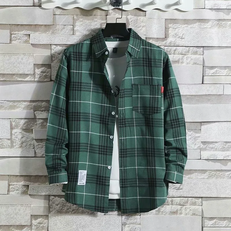 Long-sleeved plaid shirt for men summer loose everything big size thin ice silk shirt wear port wind coat tiktok internet celebr