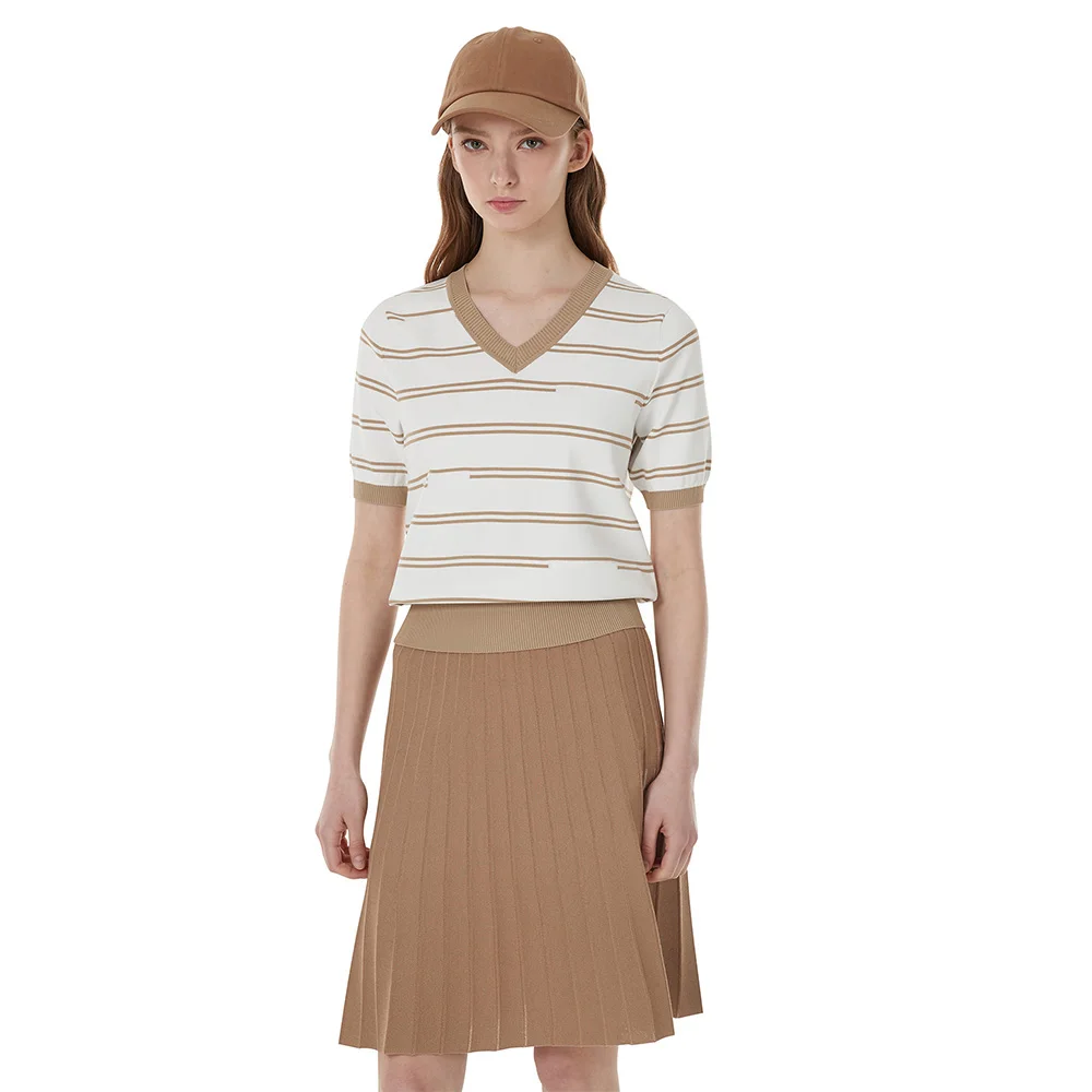 Trendy New Women's Knitted T-shirt! Luxurious Design, Stripes, Simple Style, Sports V-neck, Golf Short Sleeves