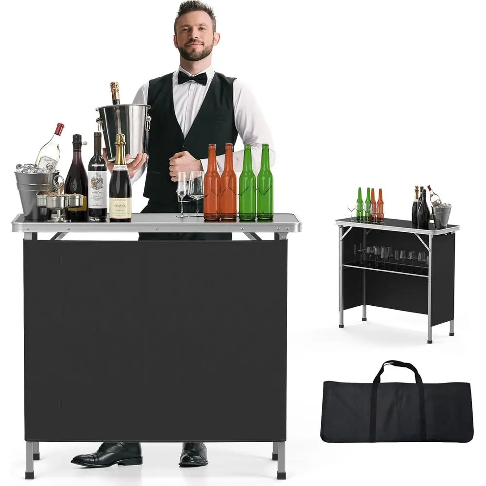 

Портативный двухуровневый барный стол с черной обивкой, идеально подходит для мероприятий, вечеринок, использования на открытом воздухе, 39 дюймов (длина) x 34 дюйма (высота)