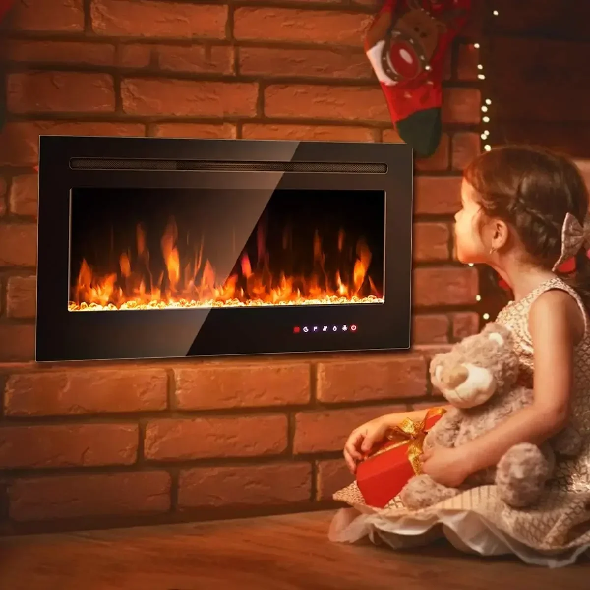 COSTWAY 36-Inch Electric Fireplace, 750W/1500W Wall Recessed and Mounted Fireplace Insert with Remote Control, 9 Flame