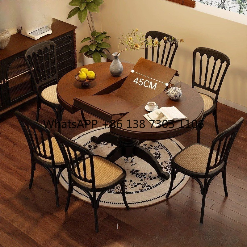 

French small apartment antique retro solid wood retractable dining table household full solid wood variable retractable round