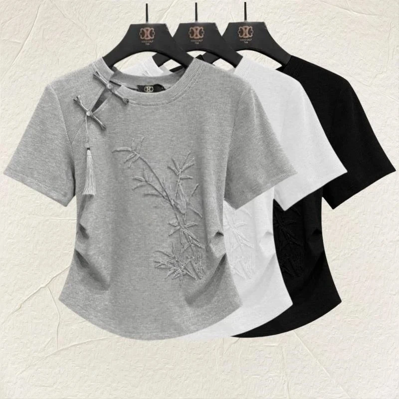 تي شيرت شيونغسام بياقة دائرية مطرز على الطراز الصيني الجديد لعام 2025 بأكمام قصيرة تي شيرت نسائي صيفي من القطن الخالص تشيباو للتخسيس #1