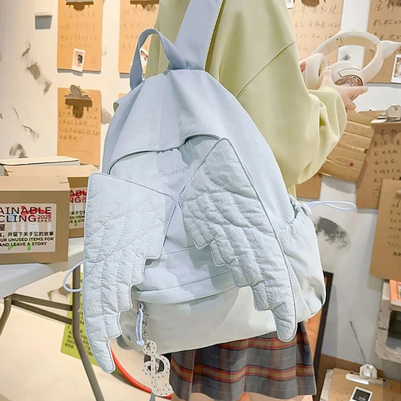 5 Colors Spacious Lightweight Quilted Nylon Backpack with Cute Angel Wings Embroidered Fashion Casual School Travel Bag