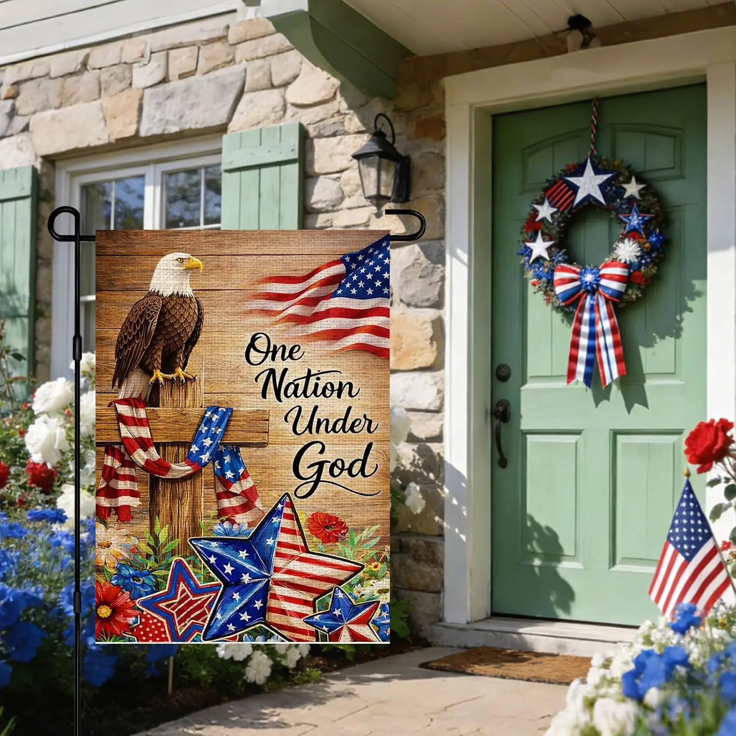 IVN God Bless America Garden Flag 12x18 Inch Double Sided Burlap – Patriotic Bald Eagle with American Stars & One Nation AAS