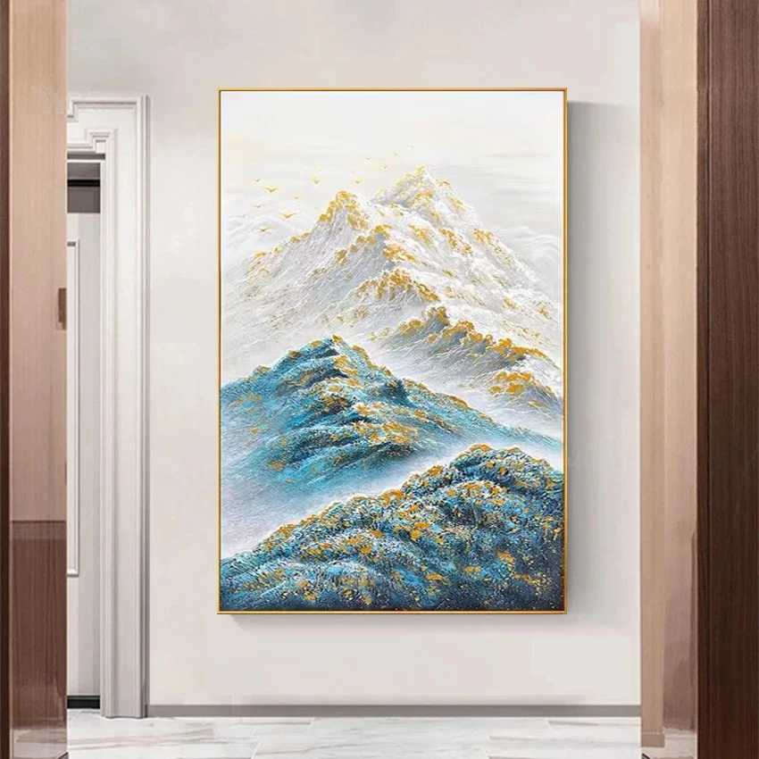 

Абстрактные горы из золотой фольги для домашнего декора, чистая ручная роспись маслом на холсте, подвесной постер, настенная картина для гостиной