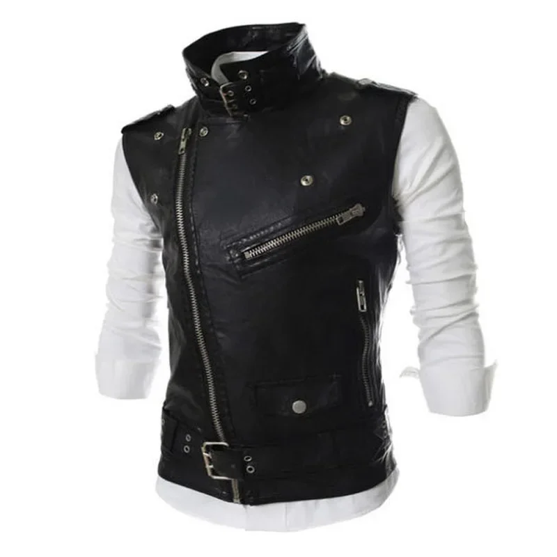 Men's Leather Waistcoat Korean Slim Fit Zipper Lapel Short Leather Waistcoat Vest Coat Solid Color - Image 4
