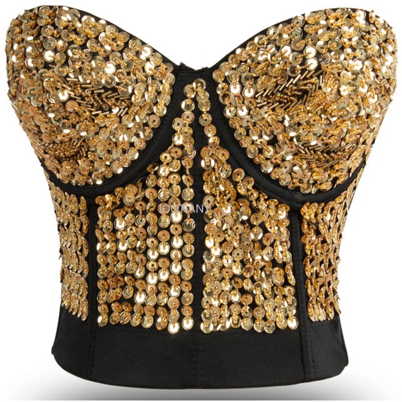 2024 Sexy Women Beading Sequins Studded Brassiere Push Up Bra Sexy Lady Bustier Bras Punk Dancewear Prom Queen Performance Top