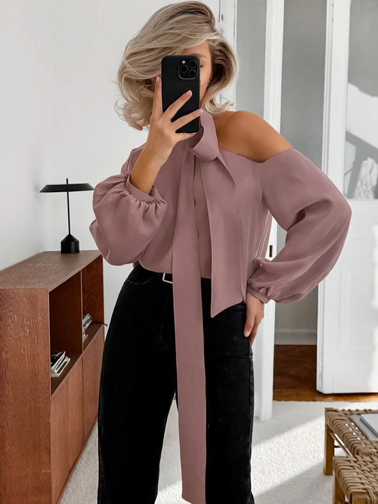 MSCSZ Off Shoulder Satin Blouse Women Bow Tie Lantern Sleeve Sexy Blouses Fashion Elegant Womens Blouses 2024 Autumn