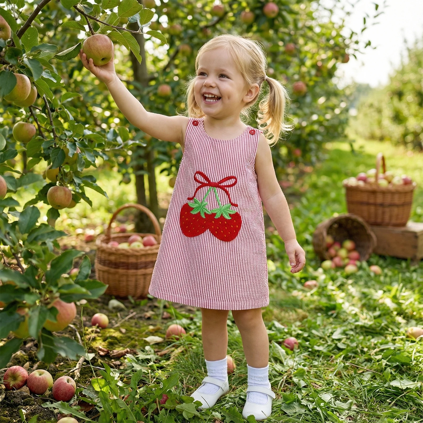 0-4Y Kid Girl Summer Tank Dress Fruit Embroidery Sleeveless Round Neck A-Line Dress Cute Casual Girls Dresses